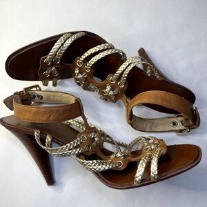 Michael Kors Gold Braided Leather Ankle Strap Heels Brown Designer Womens